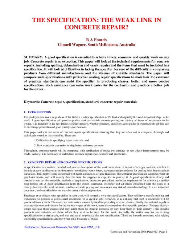 (PDF) The Specification The Weak Link in Concrete Repair? Rob