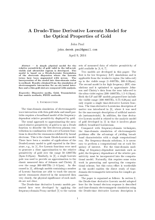 (PDF) A Drude-Time Derivative Lorentz Model for the Optical Properties ...