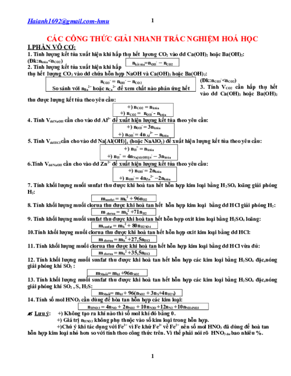 First page of “CÁC CÔNG THỨC GIẢI NHANH TRẮC NGHIỆM HOÁ HỌC”