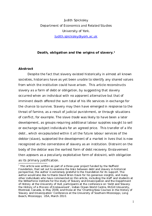 'Death, obligation and the origins of slavery', CHERRY Discussion Paper 13/02, University of York