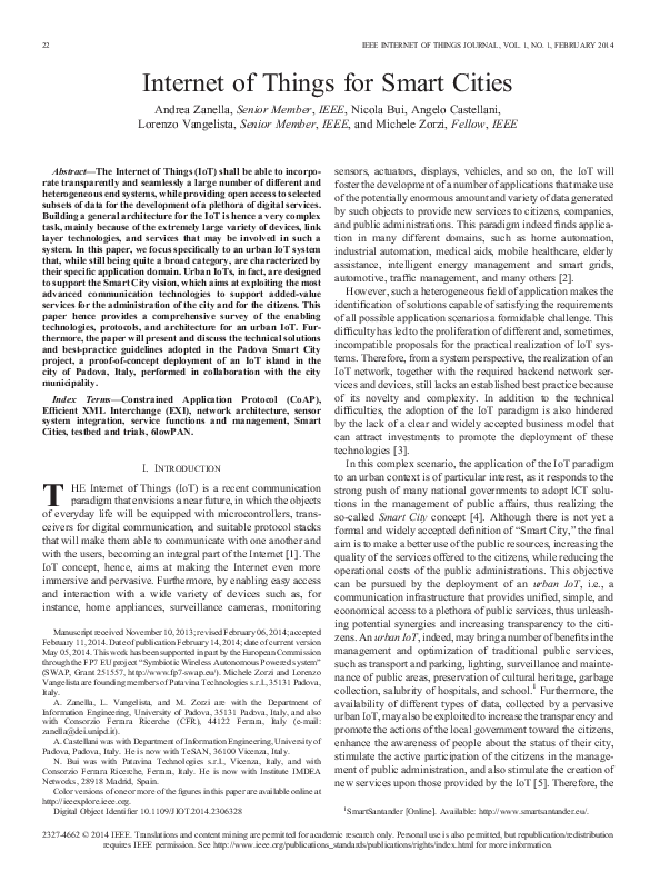 (PDF) Internet of Things for Smart Cities