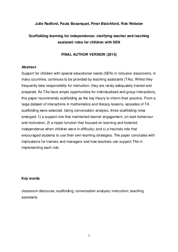 (PDF) Scaffolding learning for independence clarifying teacher and