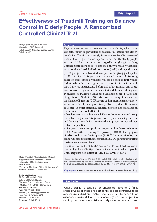 (PDF) Effectiveness of Treadmill Training on Balance Control in Elderly ...