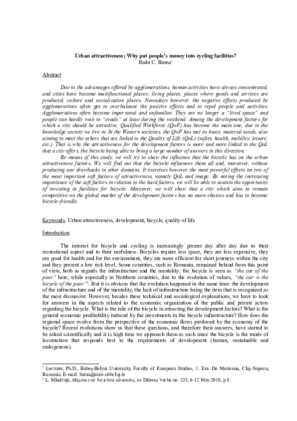 Urban attractiveness; Why put people’s money into cycling facilities?