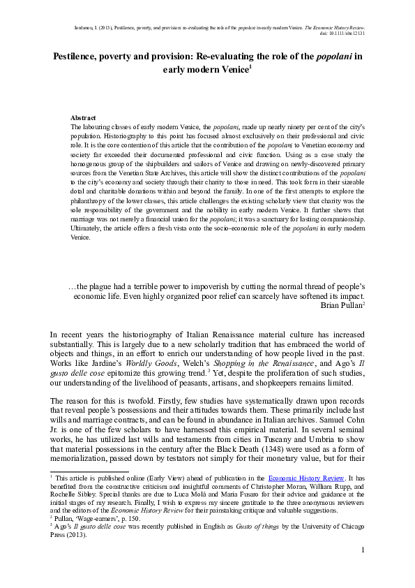 Pestilence, Poverty and Provision: Re-evaluating the Role of the Popolani in Early Modern Venice