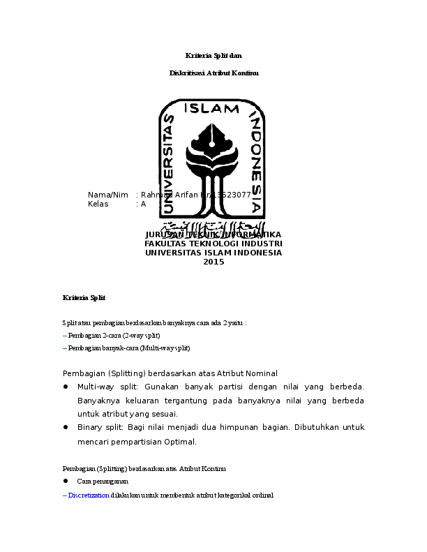 Doc Kriteria Split Dan Diskritisasi Atribut Kontinu Rahmad Arifan Hr Academia Edu