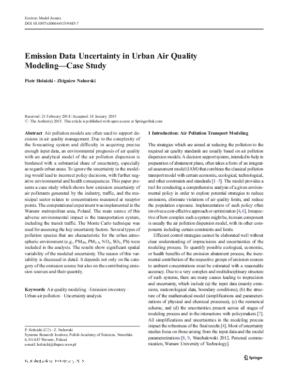 (PDF) Emission Data Uncertainty in Urban Air Quality Modeling—Case Study