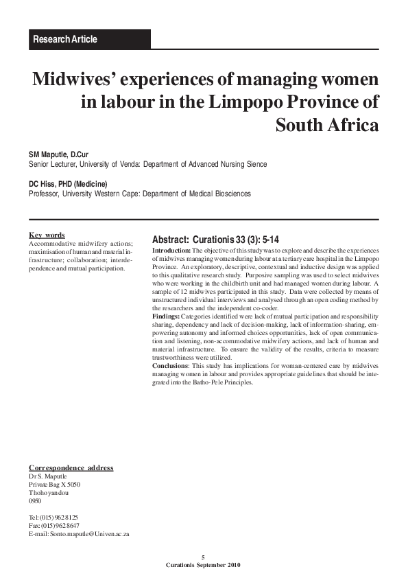(PDF) Midwives’ experiences of managing women in labour in the Limpopo ...