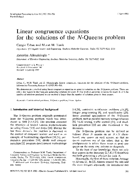 (PDF) Linear congruence equations for the solutions of the N-Queens problem