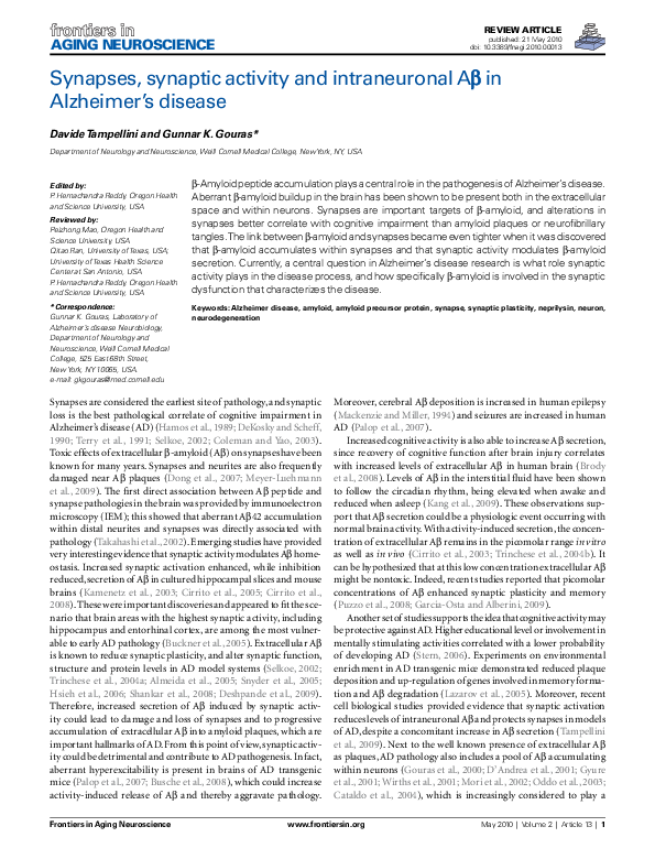 (PDF) Synapses, synaptic activity and intraneuronal abeta in Alzheimer ...