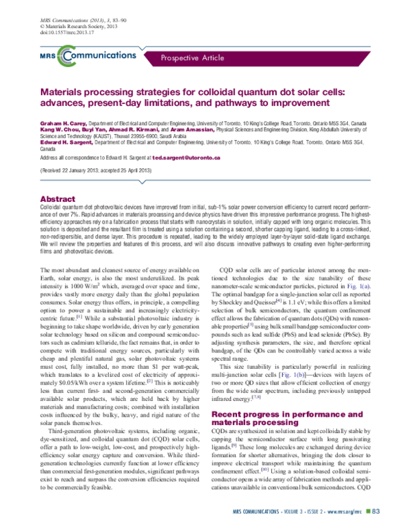 (PDF) Materials processing strategies for colloidal quantum dot solar ...