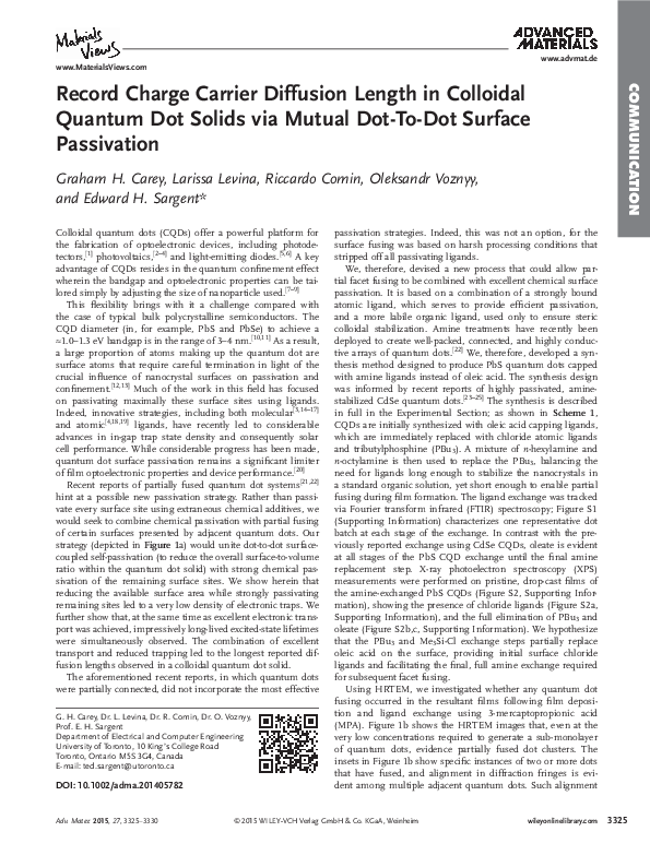 (PDF) Record Charge Carrier Diffusion Length in Colloidal Quantum Dot ...