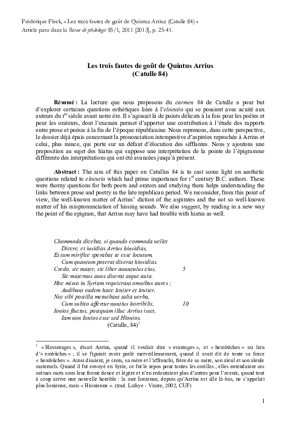 Les trois fautes de goût de Quintus Arrius (Catulle 84) Frédérique Fleck Academia.edu