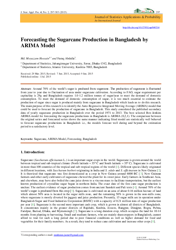 (PDF) Forecasting the Sugarcane Production in Bangladesh by ARIMA Model