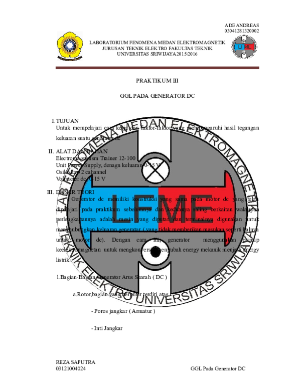 Doc Laporan Praktikum 3 Ggl Pada Generator Dc Ade Andreas 03041281320002 Kelompoksepuluh Bukit Academia Edu
