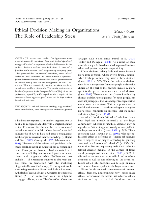 (PDF) Ethical decision making in organizations: The role of leadership ...
