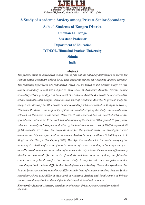 (PDF) A Study of Academic Anxiety among Private Senior Secondary School ...