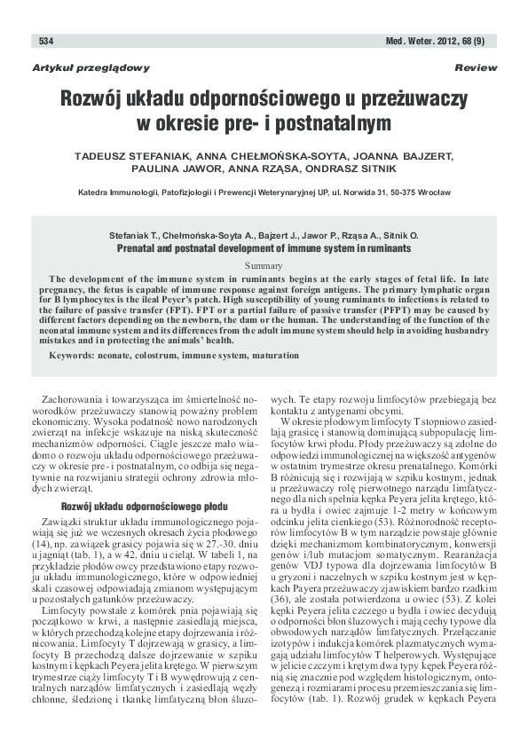 (PDF) Rozwój układu odpornościowego u przeżuwaczy w okresie pre- i ...