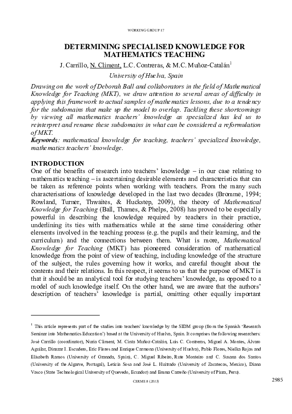 (PDF) DETERMINING SPECIALISED KNOWLEDGE FOR MATHEMATICS TEACHING