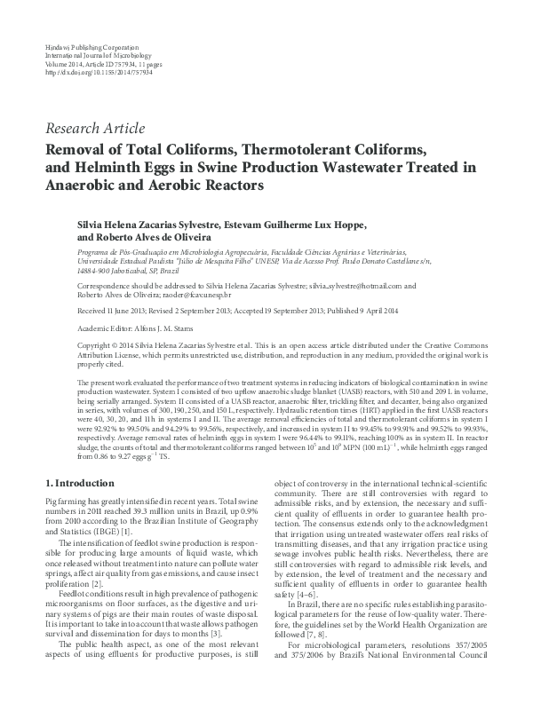 (PDF) Removal of Total Coliforms, Thermotolerant Coliforms, and ...