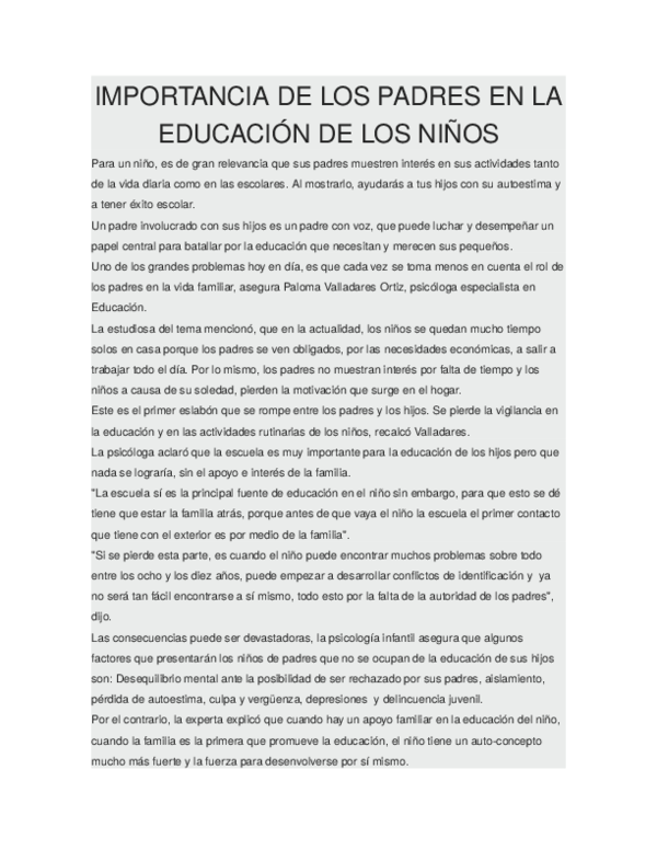 (DOC) IMPORTANCIA DE LOS PADRES EN LA EDUCACION DE LOS NINOS