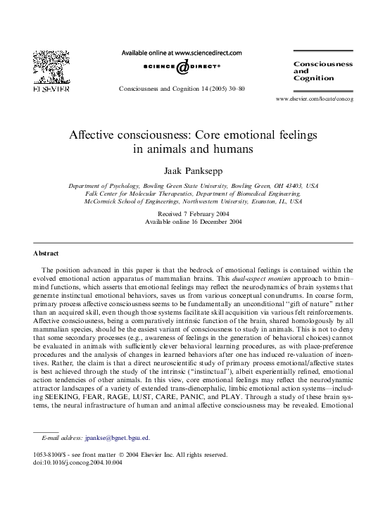 (PDF) Affective consciousness: Core emotional feelings in animals and ...
