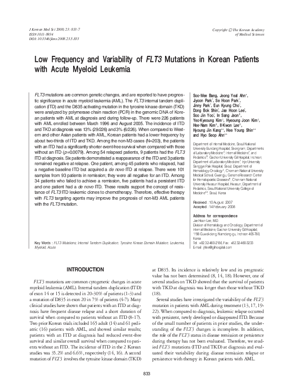 (PDF) Low frequency and variability of FLT3 mutations in Korean ...