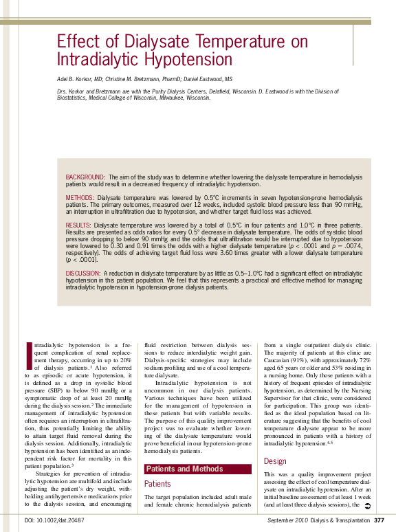 (PDF) Effect of dialysate temperature on intradialytic hypotension