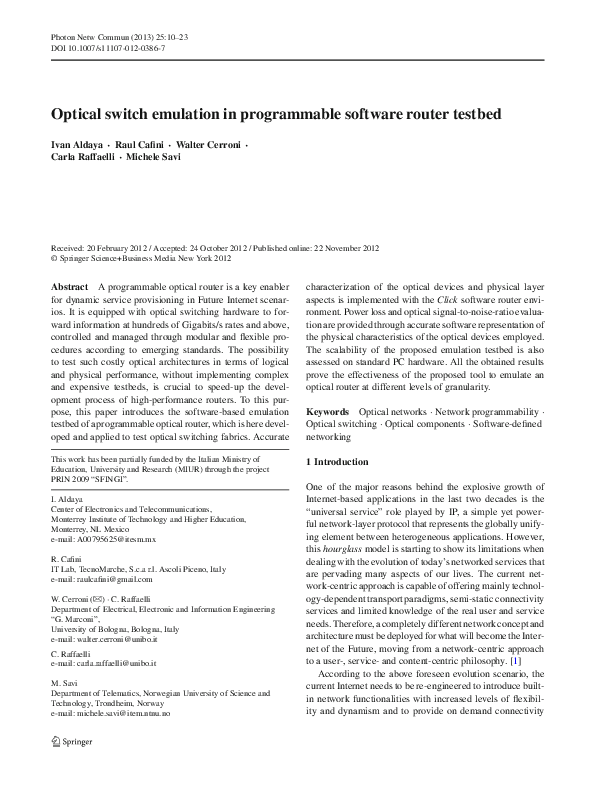 (PDF) Optical switch emulation in programmable software router testbed