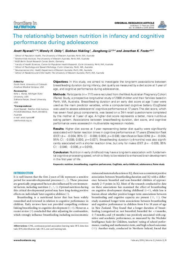 (PDF) The Relationship between Nutrition in Infancy and Cognitive ...