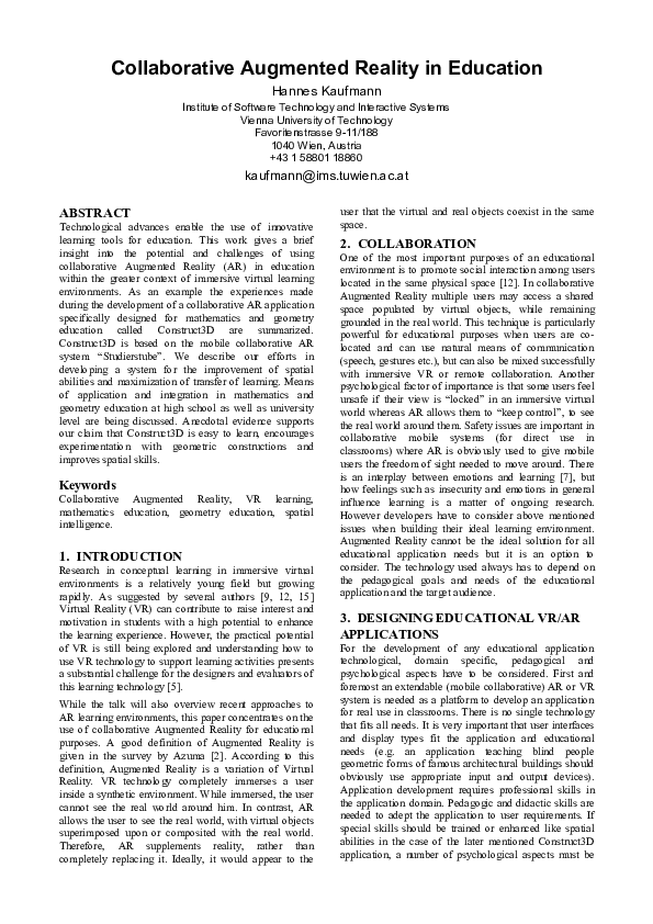 (PDF) Collaborative augmented reality in education Hannes Kaufmann