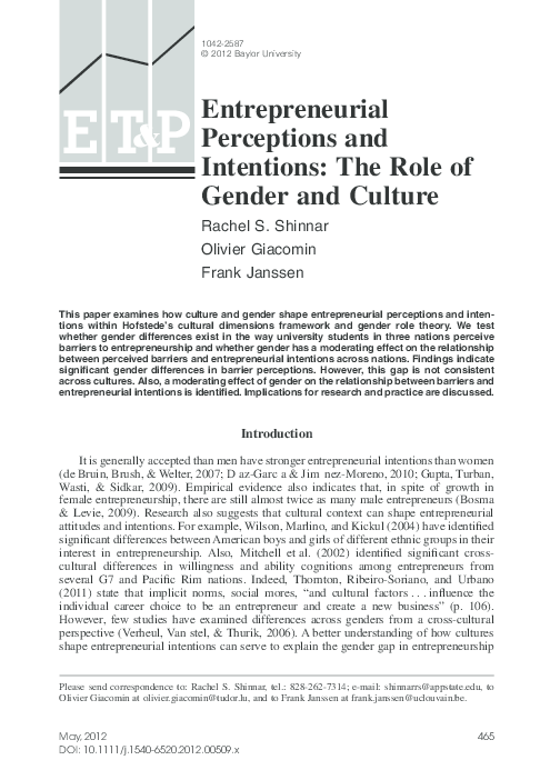 (PDF) Entrepreneurial Perceptions and Intentions: The Role of Gender ...