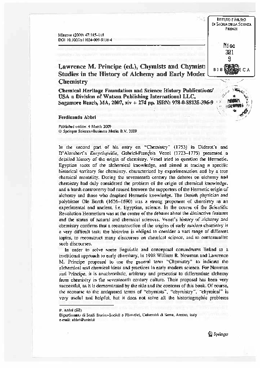 (PDF) Lawrence M. Principe (ed.), Chymists and Chymistry. Studies in ...