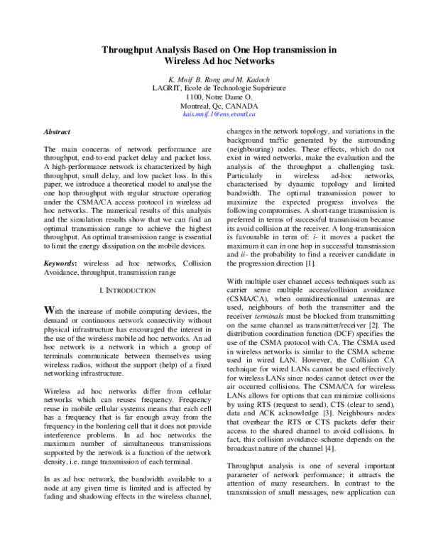 (PDF) Throughput analysis based on one hop transmission in wireless ad ...