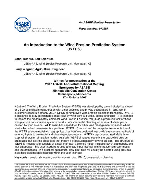 (PDF) An Introduction to the Wind Erosion Prediction System (WEPS)