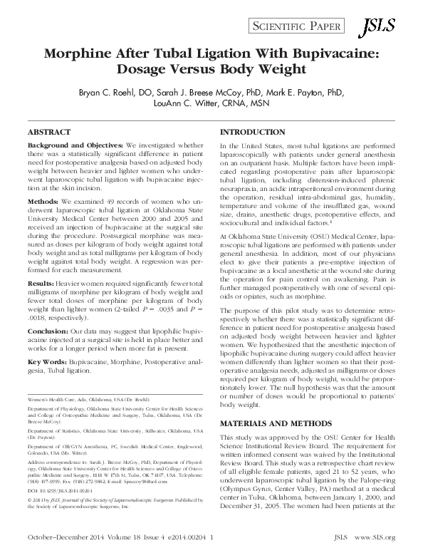 (PDF) Morphine After Tubal Ligation With Bupivacaine Dosage Versus