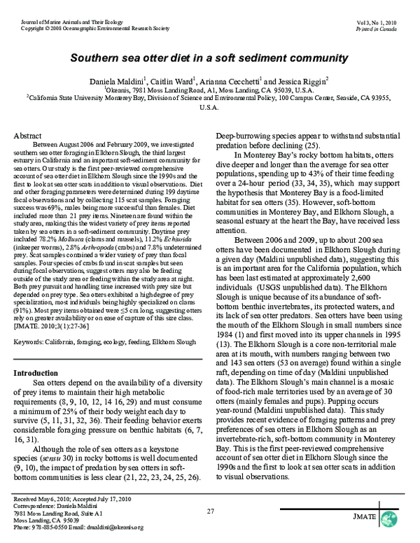 (PDF) Southern sea otter diet in a soft sediment community | Daniela