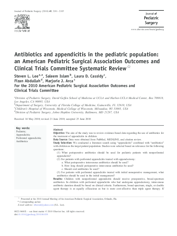 (PDF) Antibiotics and appendicitis in the pediatric population: an ...
