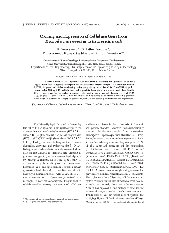 (PDF) Cloning and Expression of Cellulase Gene from Trichoderma reesei ...