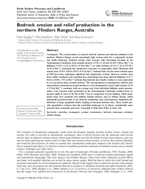 (PDF) Bedrock erosion and relief production in the northern Flinders ...