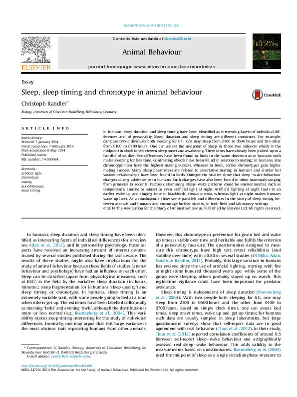 (PDF) Sleep, sleep timing and chronotype in animal behaviour