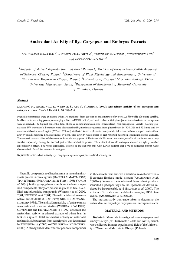 (PDF) Antioxidant activity of rye caryopses and embryos extracts