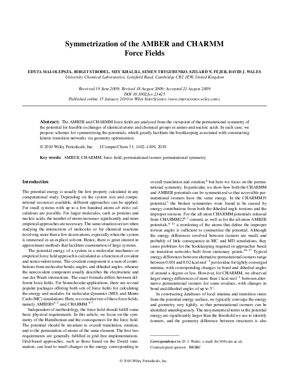 (PDF) Symmetrization of the AMBER and CHARMM force fields