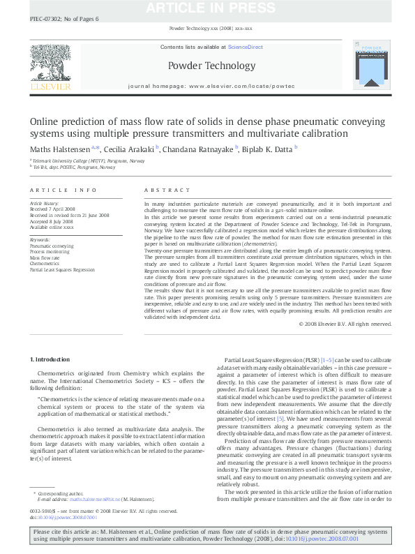 (PDF) Online prediction of mass flow rate of solids in dense phase ...