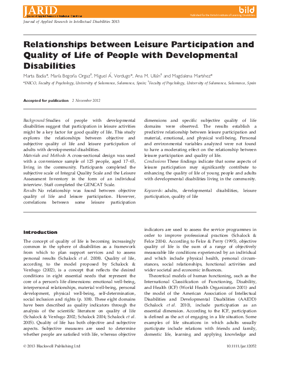 (PDF) Relationships between Leisure Participation and Quality of Life ...