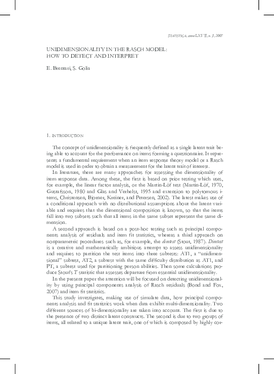 Pdf Unidimensionality In The Rasch Model How To Detect And Interpret Eugenio Brentari And Silvia Golia Academia Edu