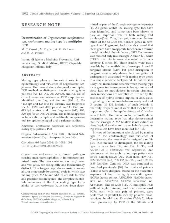 (PDF) Determination of Cryptococcus neoformans var. neoformans mating ...