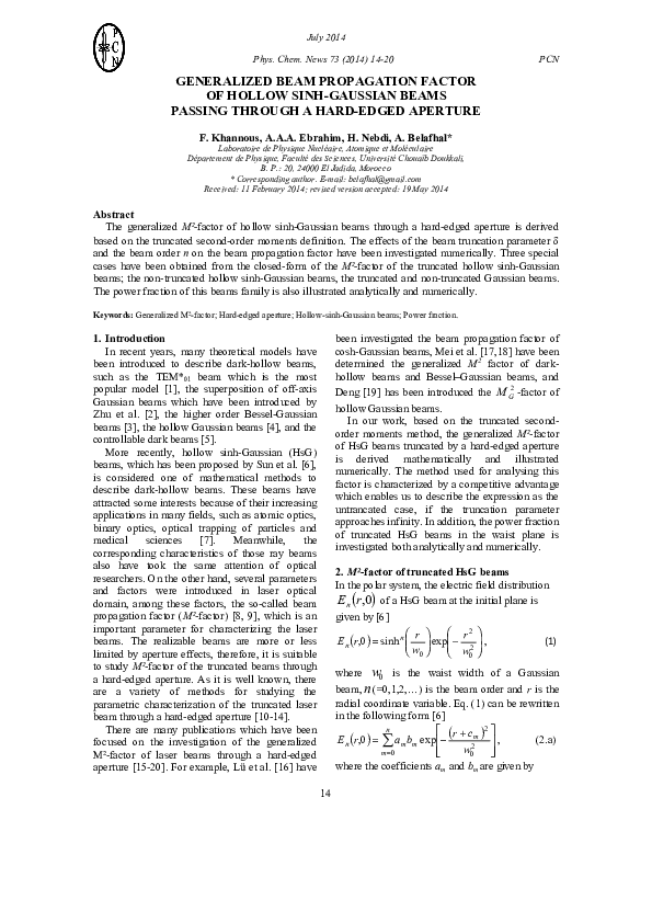 (PDF) GENERALIZED BEAM PROPAGATION FACTOR OF HOLLOW SINH-GAUSSIAN BEAMS ...