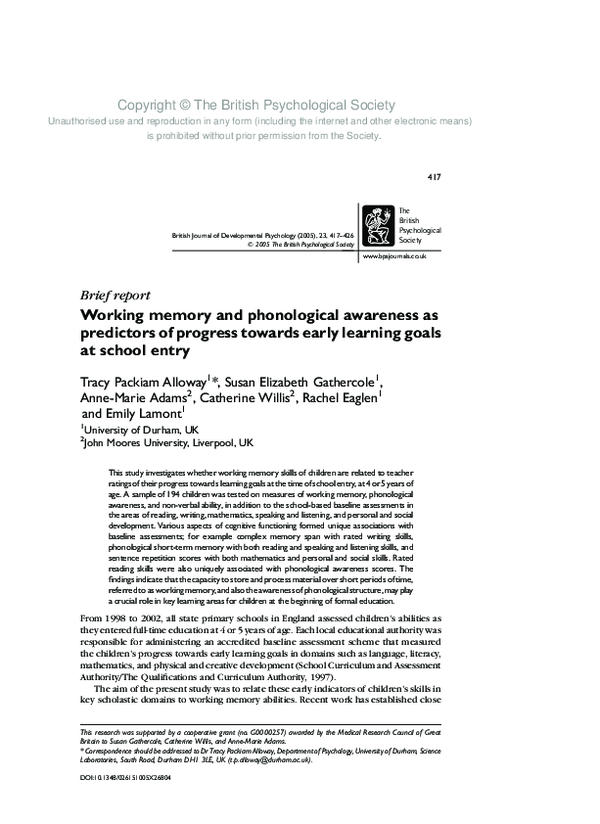 (PDF) Working memory and phonological awareness as predictors of ...
