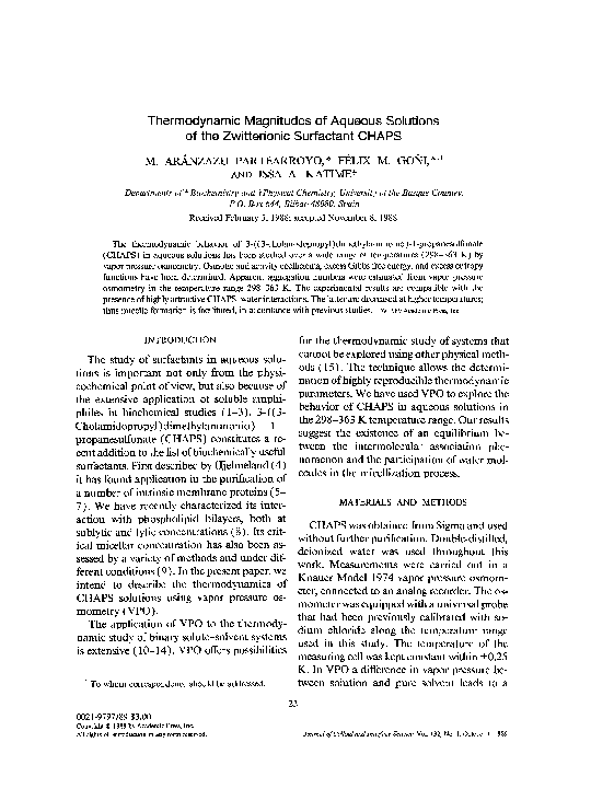 (PDF) Thermodynamic magnitudes of aqueous solutions of the zwitterionic ...